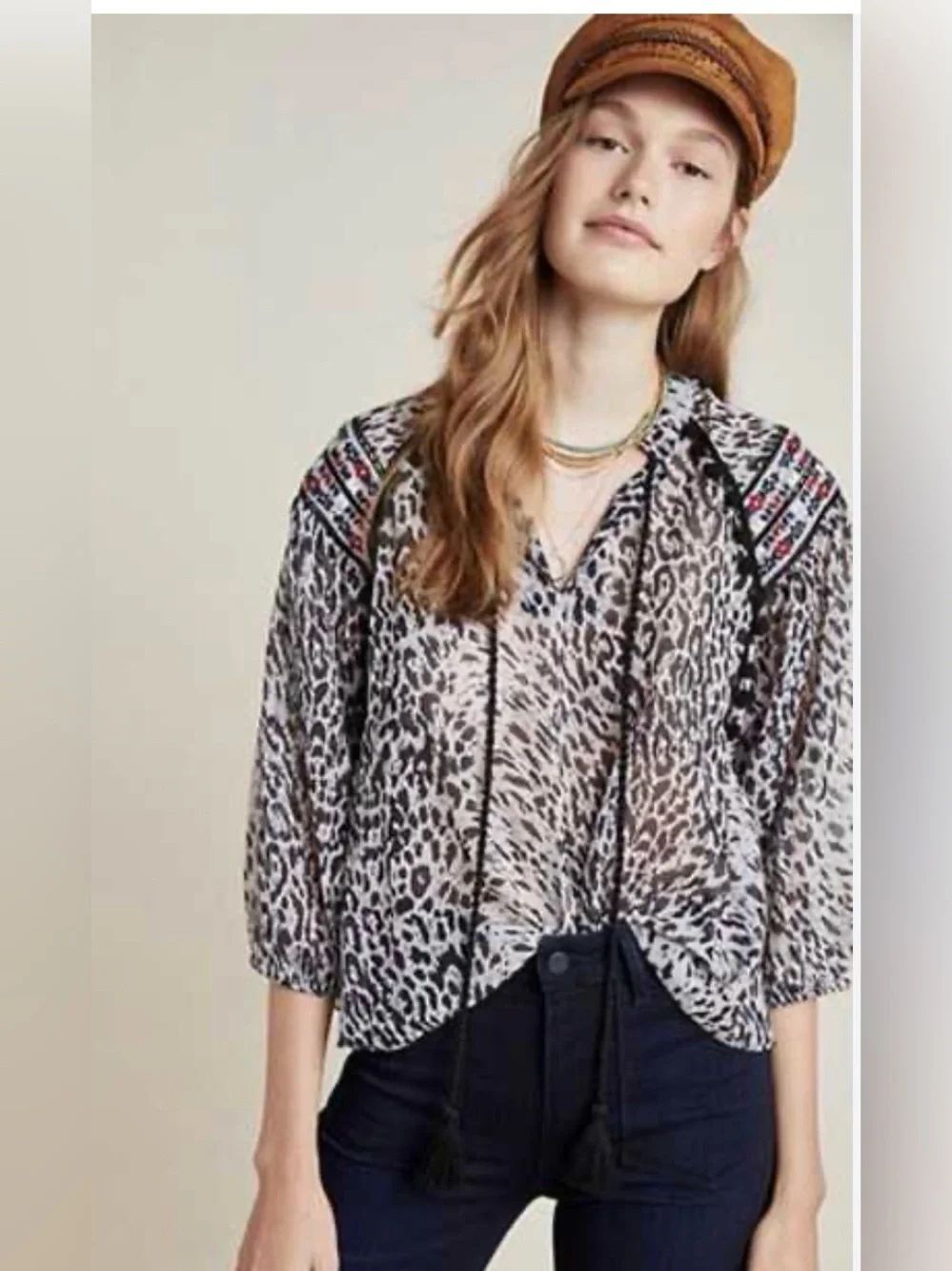 Anthropologie Rina Dhaka Leopard Print Peasant Blouse with Embroidery L NWT